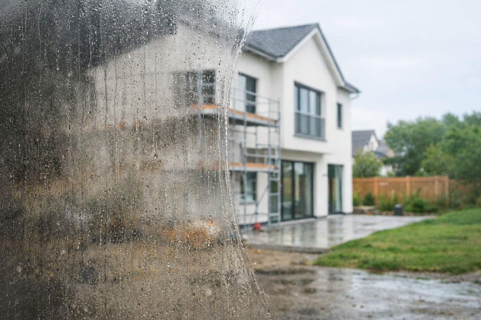 Fensterreinigung München bei Bauverschmutzung / Bauendreinigung – stark verschmutztes Glas mit Wasser- und Schmutzablagerungen