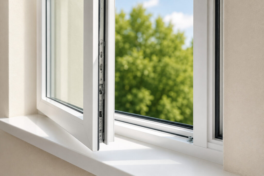 Geöffnetes sauberes Fenster mit sichtbarem Fensterfalz, Rahmen und Fensterbank nach professioneller Fensterreinigung in München