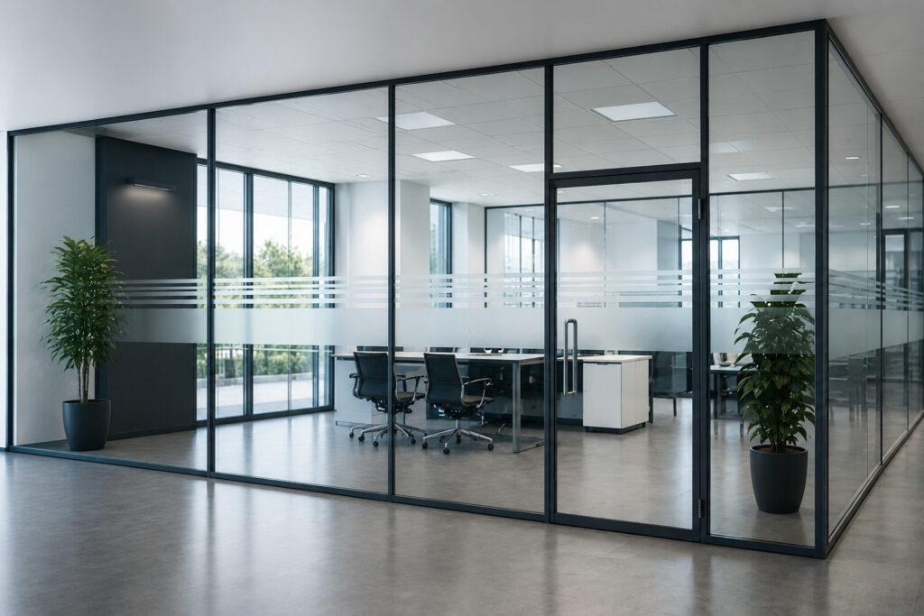 Moderne Büro-Innenverglasung mit großen Glaswänden und Glastüren nach professioneller Glasreinigung im Gewerbebereich in München