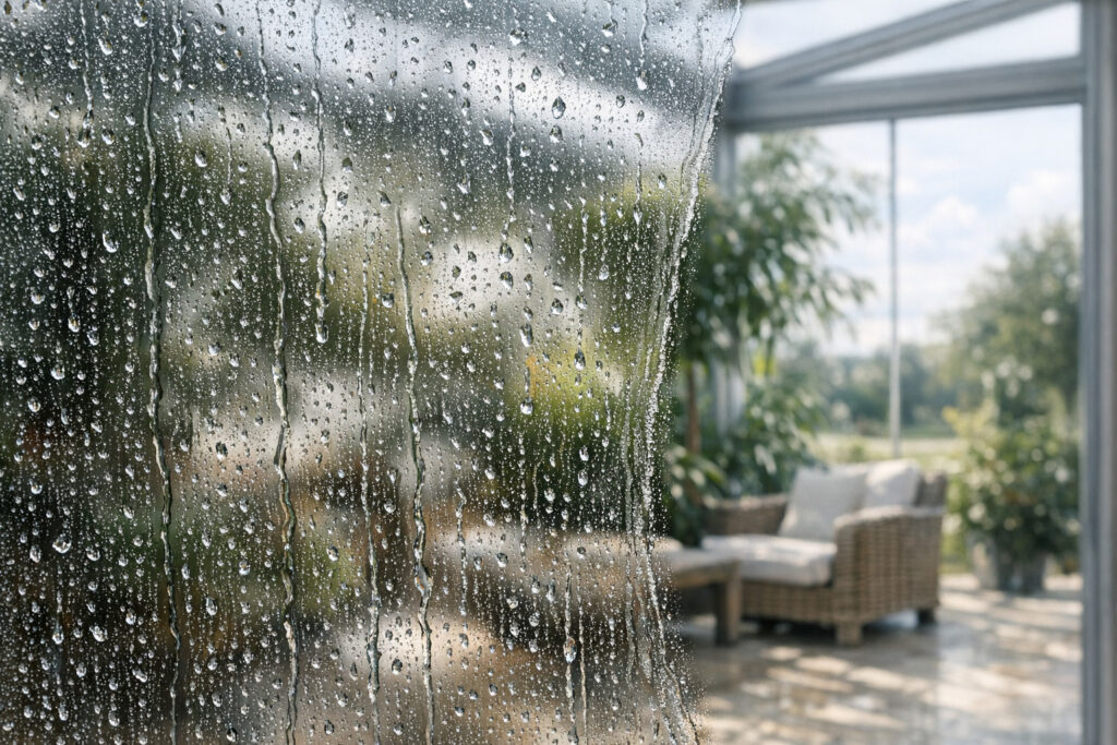 Glasreinigung Wintergarten München – verschmutzte Glasfläche im Außenbereich vor der Reinigung